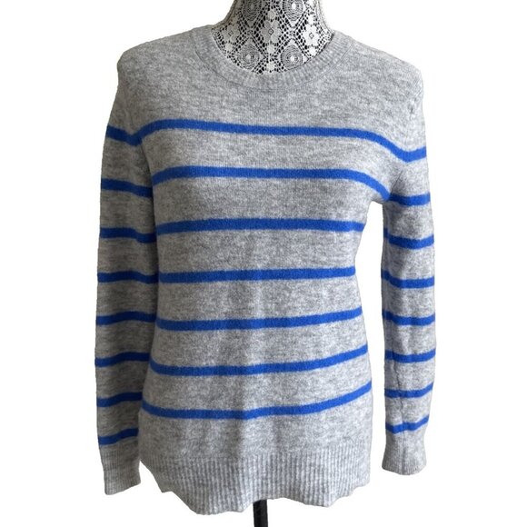 Banana Republic Sweater Women's Medium Gray Blue Striped Classic Casual Crewneck - Picture 1 of 13